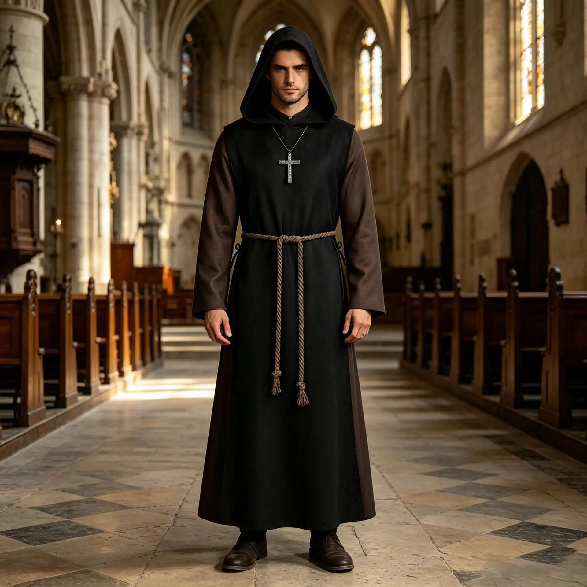 Disfraz Monástico Retro Medieval, Túnica de Sacerdote, Capa de Mago para Halloween, Conjunto de Capa con Capucha de Monje, Manga Larga, Pantalones Largos, Tela de Satén