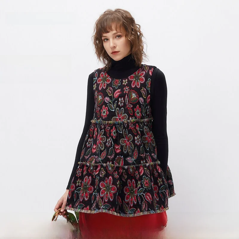 

Женский свободный топ-жилет А-силуэта с цветочной вышивкой, модный пуловер с круглым вырезом, смесь полиэстера