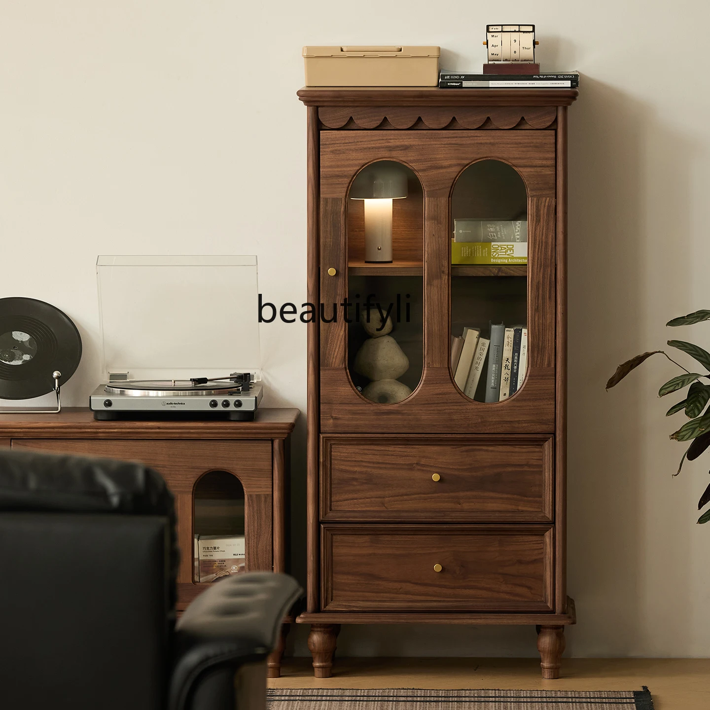 

North American Black Walnut Solid Wood Wine Cabinet Living Room Glass Door Storage Organizer Display Cabinet TV Side Cabinet