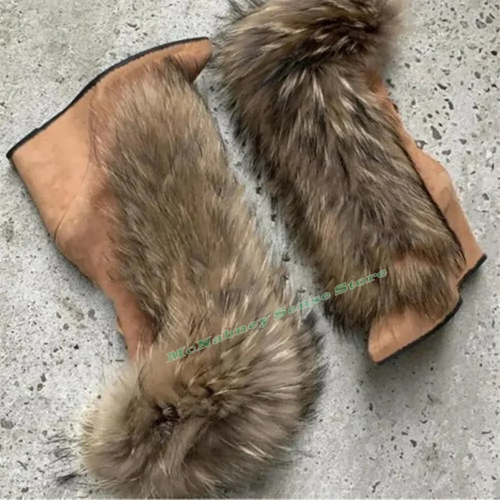 Suede Pointed Toe Boots Wedges High Heels Solid Fur Lace Up Straps Mid Calf Boots Women Winter Shoes Warm Big Size Designer New
