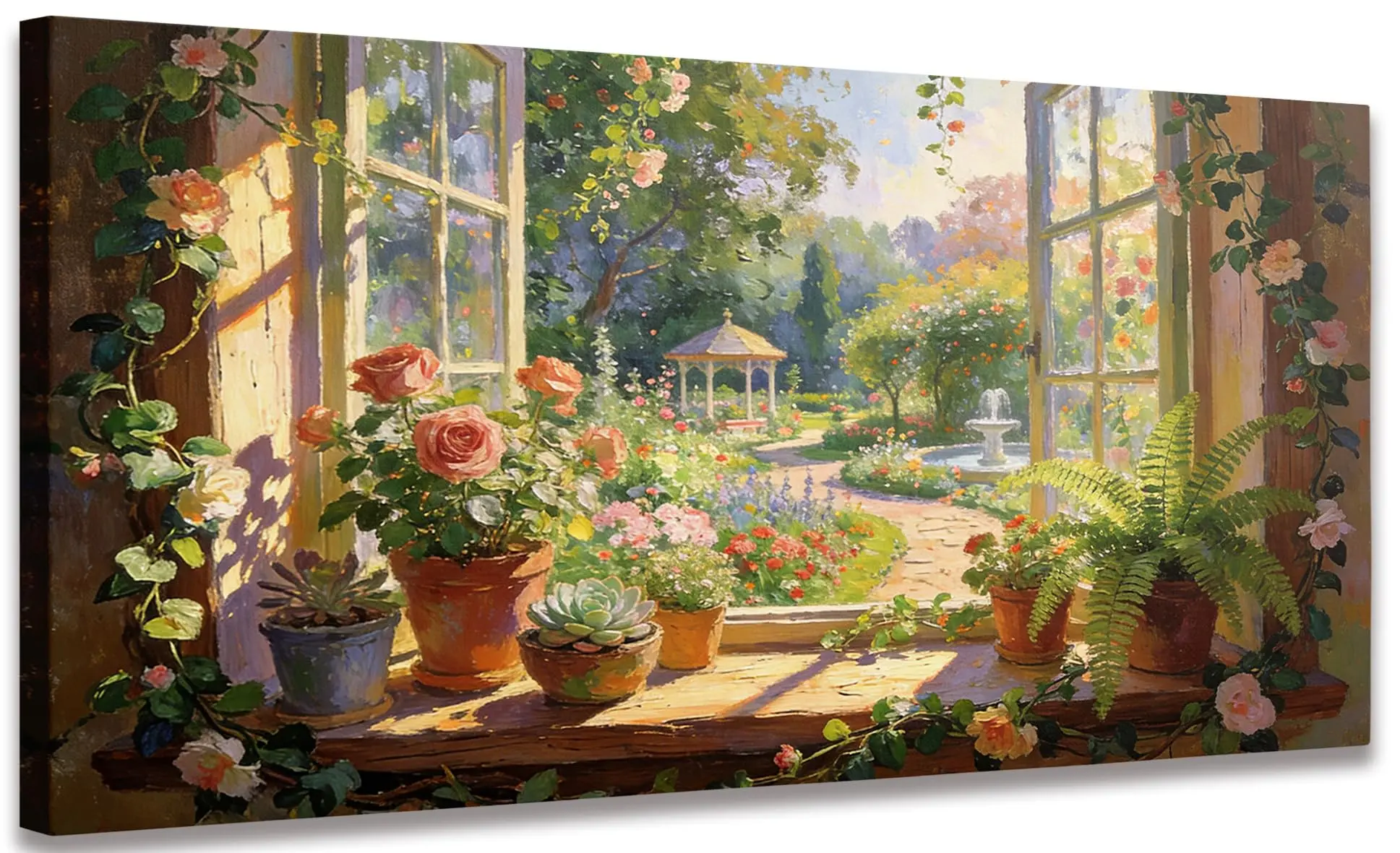 Garden Pavilion Window Fed Canvas Wall Art, Floral Courtyard Landse Print, Cottage Style Wall Decor 28x58in Larg Wall
