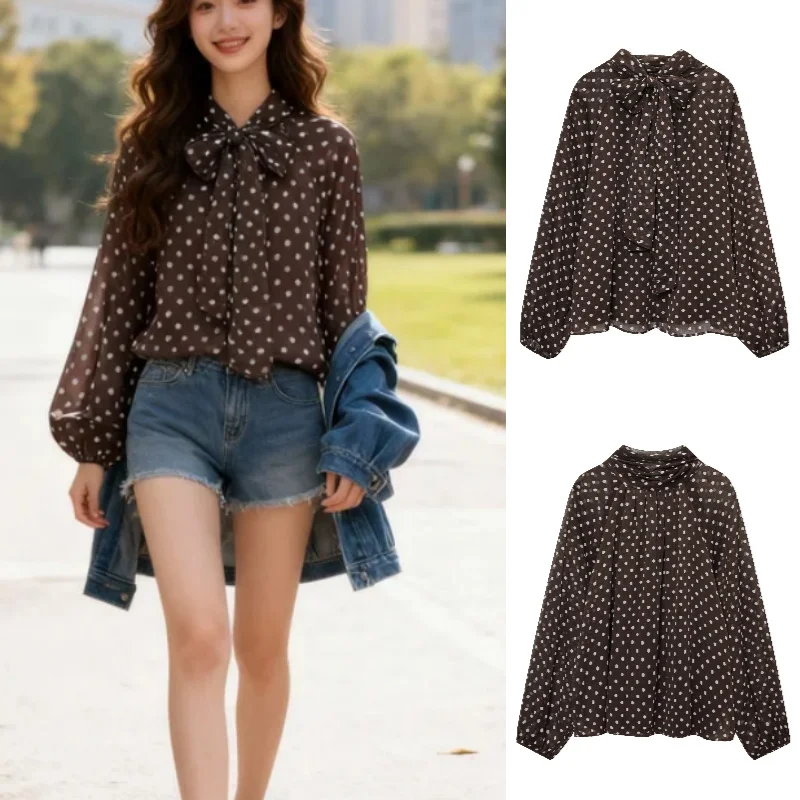 مثير شعبية القوس نقطة قميص المرأة أزياء عارضة بلوزة مخططة مع القوس بالتفصيل للمكتب والحفلات ارتداء #1