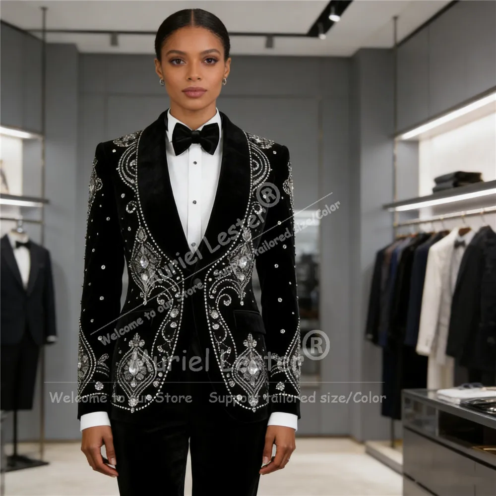 Luxury Rhinestones Beaded Women Suits Customized пиджак женски Female Catwalk Jacket Pant 2 Pieces Wedding Tuxedo