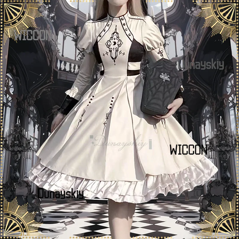 

Diviner Cosplay OP Lolita Gothic Style Ivory Color Dress Puffed Long Sleeves Pleated Lace Dress For Halloween Carnival Party