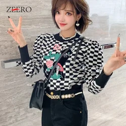 Fall Winter Embroidery Cartoon Jacquard Knit Sweater Women Vintage Long Sleeve Jumper Green Plaid Knit Pullover Top Sueter Mujer