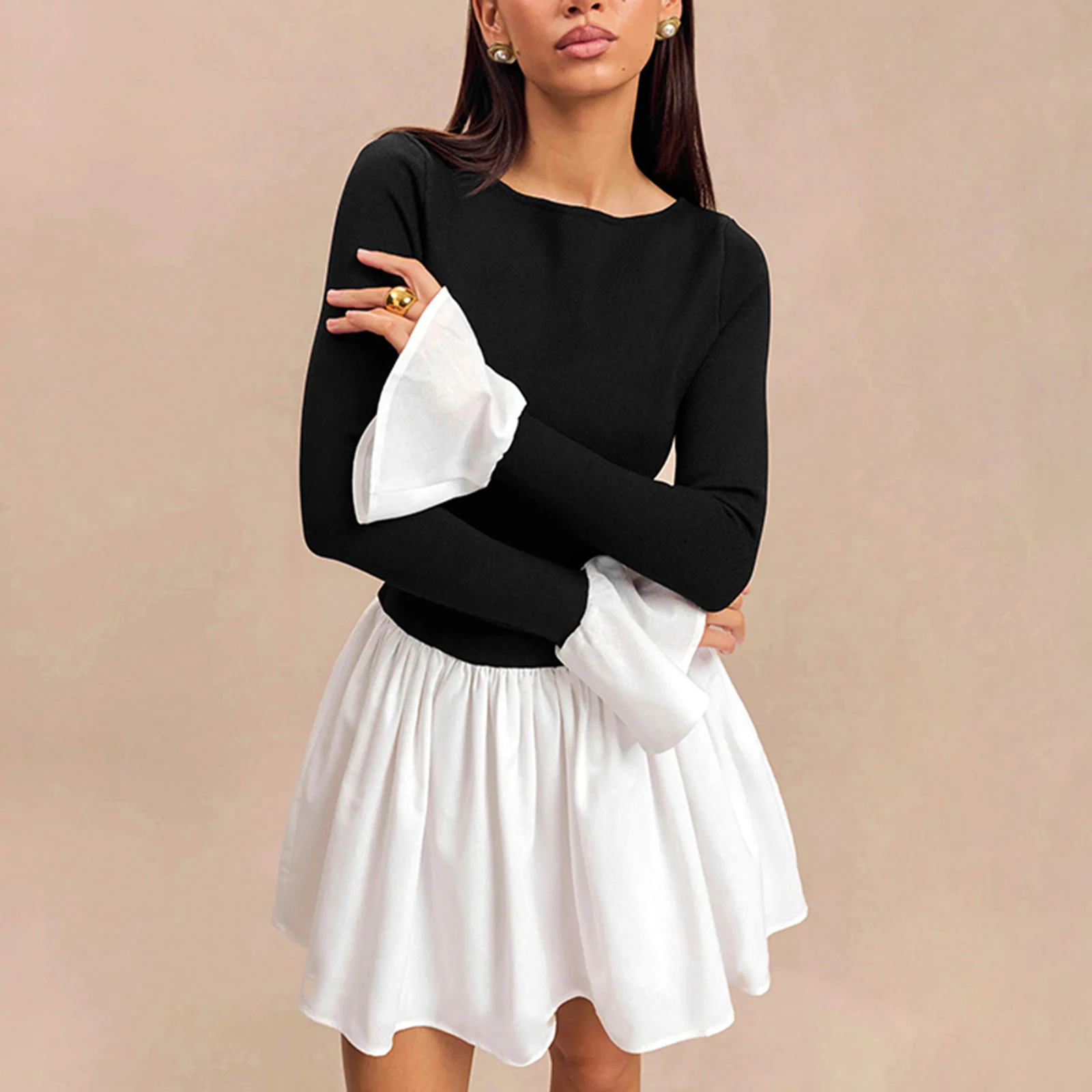 Women Autumn Short Dress Long Flared Sleeve Boat Neck Contrast Color Cocktail Dress