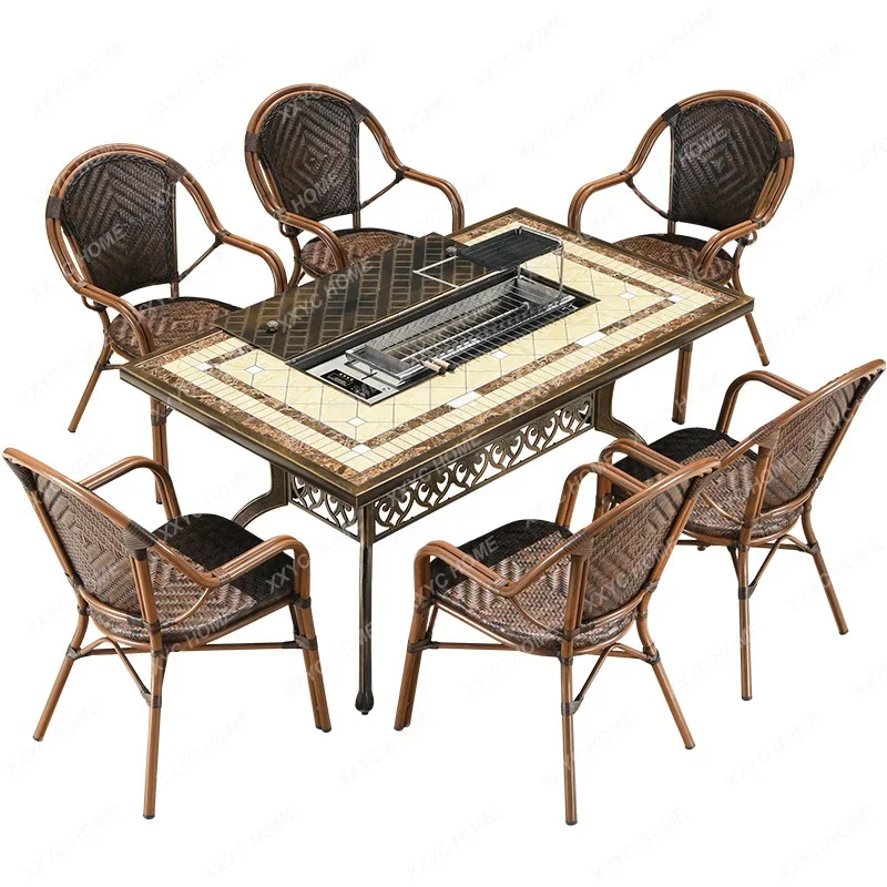 

Barbecue Table and Chair Home Barbecue Stove Iron Outdoor Cast Aluminum Outdoor Leisure Courtyard Rattan Table and Chair