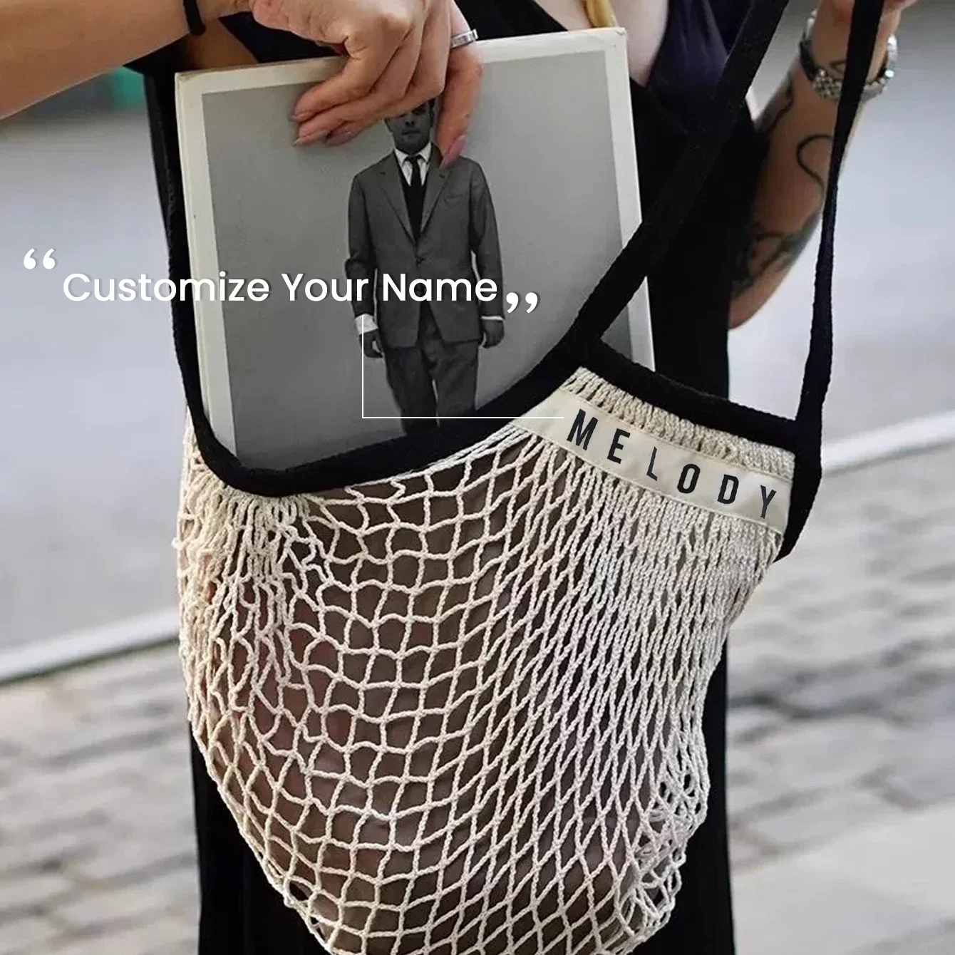 Personalised Name  Reusable Washable Beach Bag Mesh Organic Cotton Bag with Long Handle Organizer for Shopping Grocery Bag