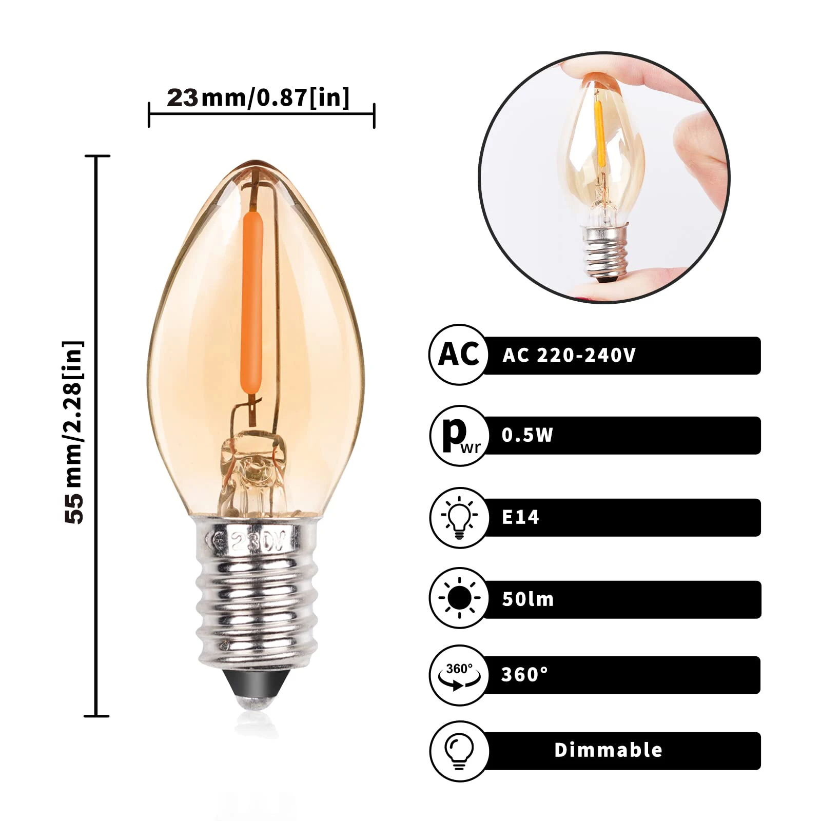 LEDナイトライト電球,C7,0.5W,調光可能,e12,e14,ウォームホワイト,2200k,110v,ソルトランプ,交換用ミニキャンドル電球