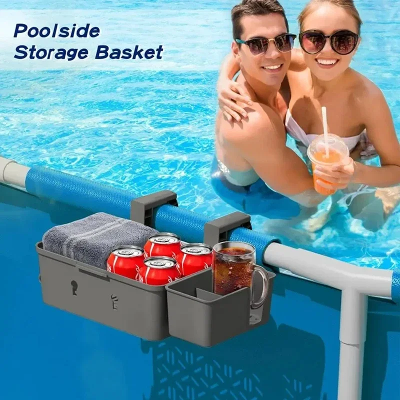 2026 NEW HOT Portable Poolside Storage Basket Tray with Cup Holder Above Ground Pool Accessories Poolside Storage
