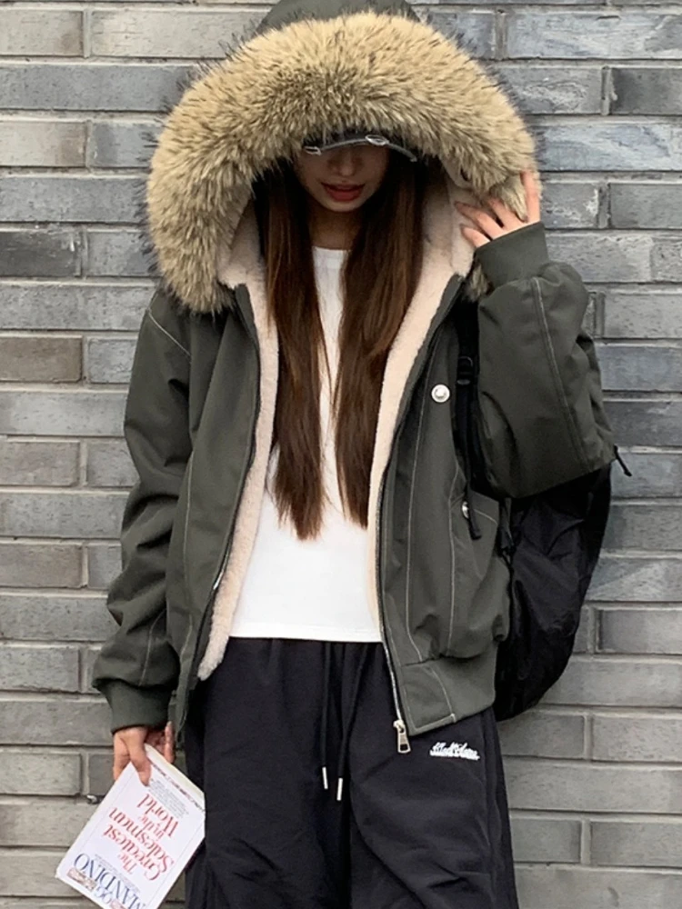

High Quality Retro Fur Collar Hooded Parkas Winter High Street Short Jacket for Women Y2K Fashion Cotton Padded Outwear Coats