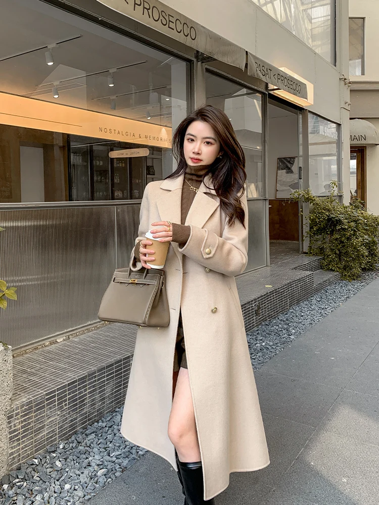 

Double-Faced Camere Long Coat Women's Slimming Waist Design Winter Faion High-End Feel Woolen Outerwear Korean Sle