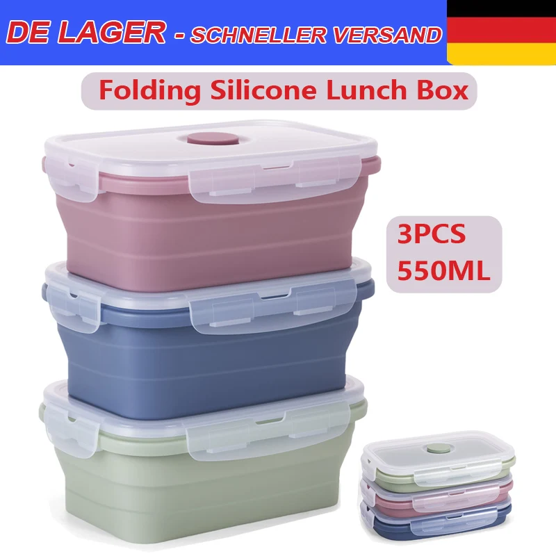 Juego de 3 Recipientes Plegables de Silicona de 550 ml para Almacenamiento de Alimentos, Aptos para Microondas, Refrigerador, Cocina, Picnic y Uso en Exteriores