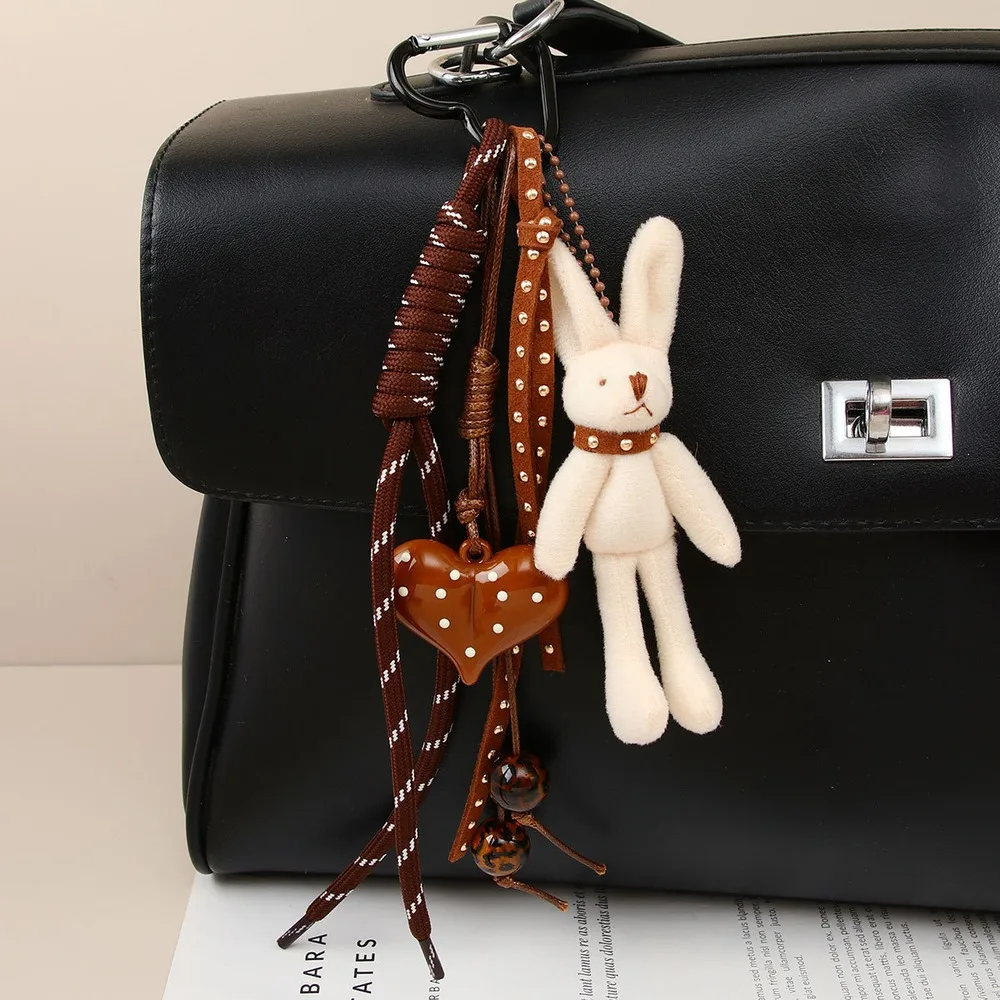 Bunny Bag Charm Rabbit Keychain Brown Heart Beaded Braided Cords Multi Charm Handbag Purse Decoration Accessory Gift For Women