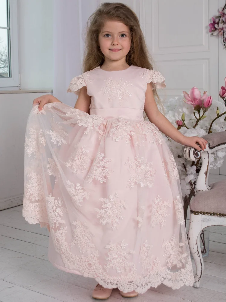 

Flower Girl Dresses Pink Satin Lace Flory Appliques With Bow Sleeveless For Wedding Birthday First Communion Gowns