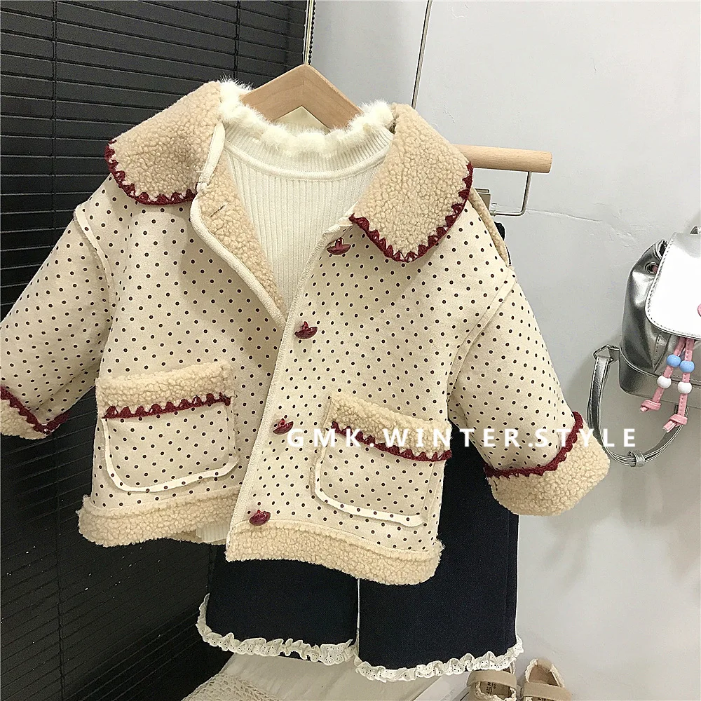 

Winter Children Girls Woolen Coat Turn Down Collar Dot Print Kids Babys Girls Jackets Thicken Warm Toddler Infant Girl Outerwear