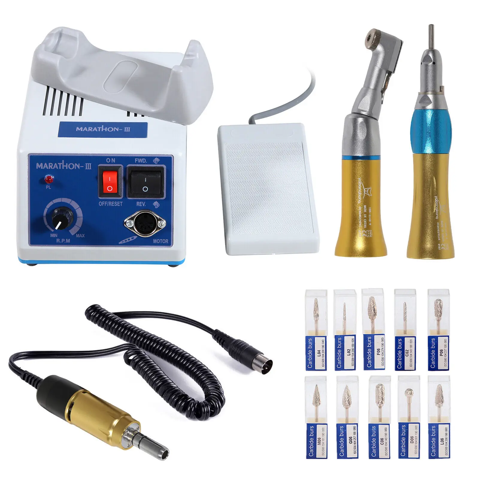 

Dental Marathon Electric Micromotor 35K RPM E-type+ Low Speed Straight Contra Angle Handpiece+10pcs Tungsten Carbide Drill Bur