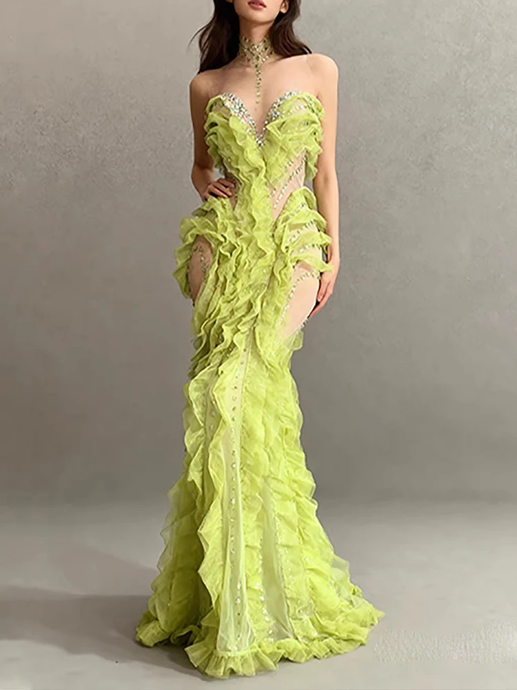 Hochwertiges Heißpräge-Chiffon-Wellen-Mesh-Fischschwanzkleid 2025, neue Mode, individuelle Damenbekleidung