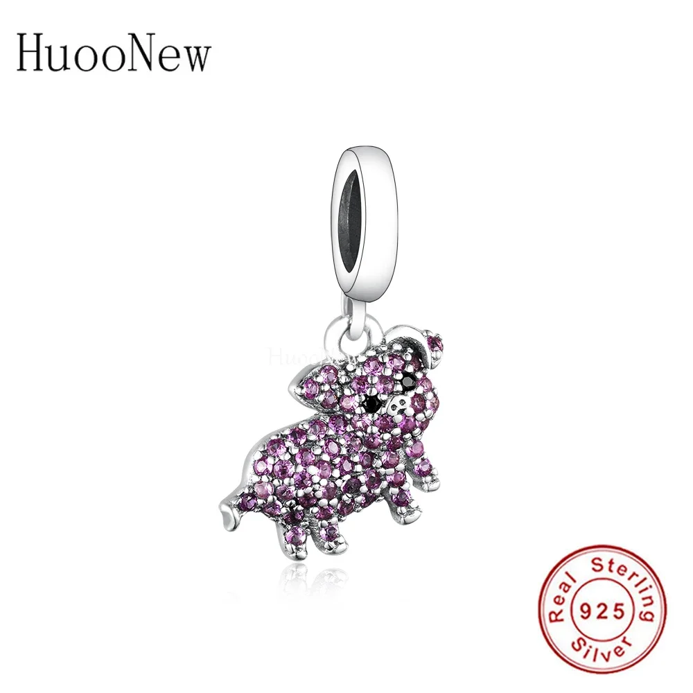 Fit Original Brand Charm Bracelet Authentic 925 Sterling Silver Pink Zircon Pig Pendant Bead For Making Women Berloque 2021