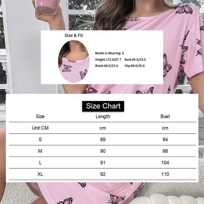 Casual Butterfly Print Nightdress Short Sleeve Round Neck Tee Sleep Dress Women\'s Sleepwear Home Clothes Nightgown Loungewear