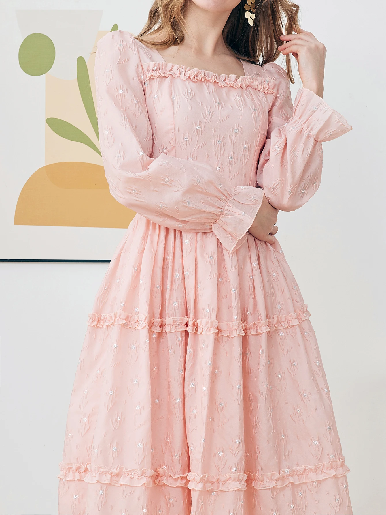 DEVCHATA Abito lungo lungo da donna elegante jacquard moda Abito lungo da donna con volant floreale rosa Orlo casual da vacanza Abito da sera da donna