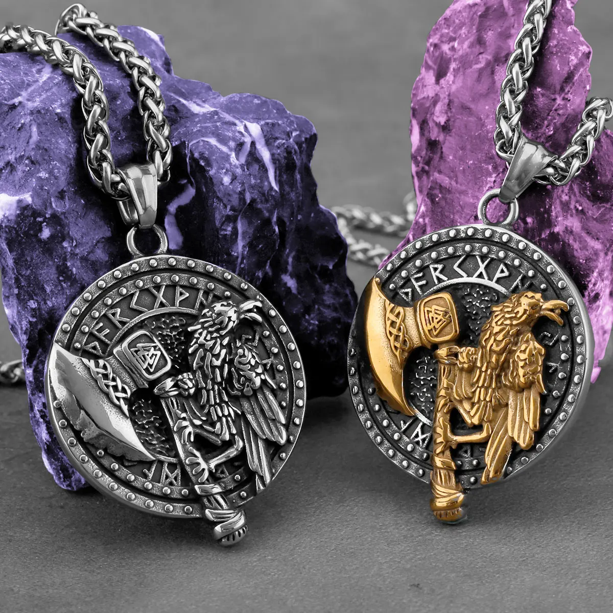 Vintage Vikings Odin Raven Axe Necklace Men's Stainless Steel Valknut Nordic Rune Amulet Pendant Necklace Fashion Charm Jewelry