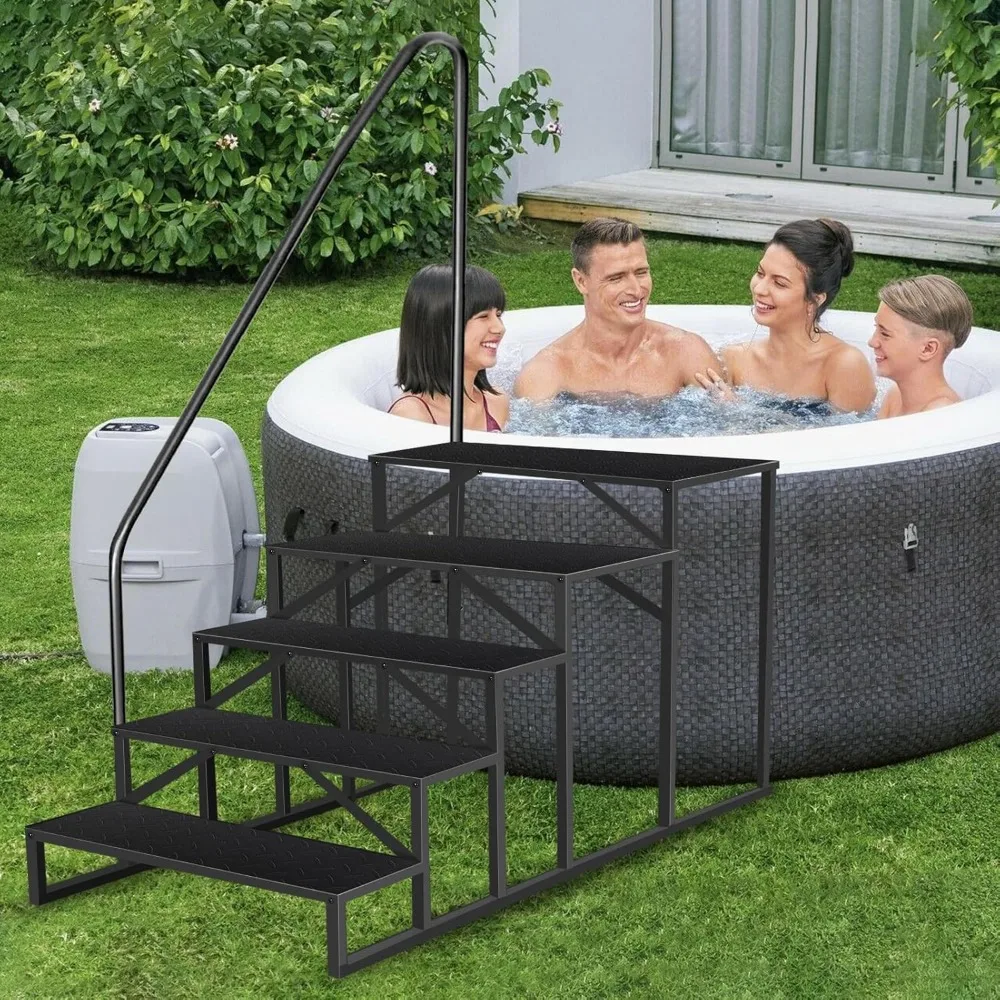 Hot Tub Steps with Handrail, 5 Step Ladder Pool Ladder Above Ground, Anti-Slip RV Stairs Steps for Hot Tub Camper Trailer Porch
