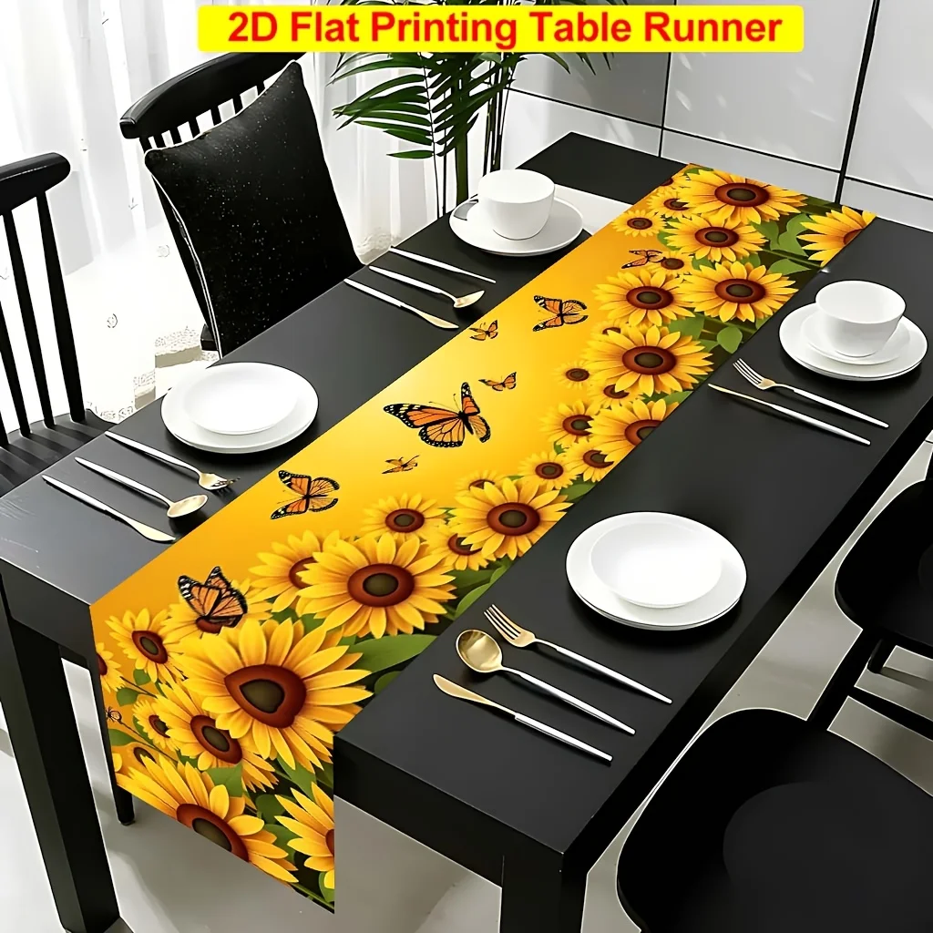 1pc Sunflower and Butterfly Printed Table Runner, suitable for family dinners, table decoration and lounge area arrangement