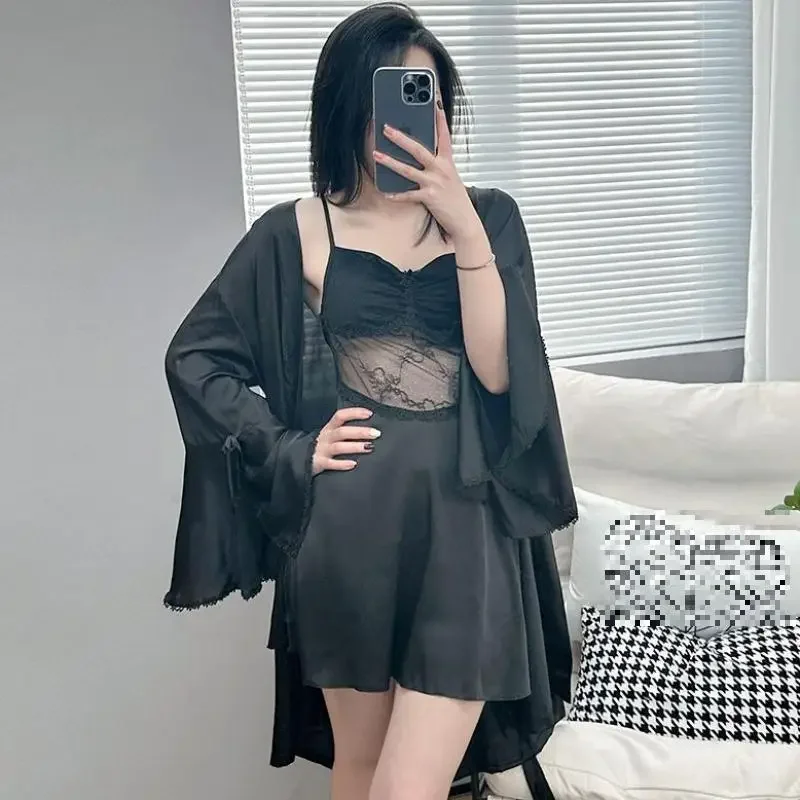 Female Kimono Bathrobe Nightgown Set Bride Lace Hollow Out Robe Gown Suit Loungewear Summer Women Satin Sleepwear Home Dress