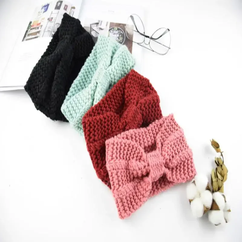 Knit Wool Headband Fashion Girl Warm Woolen Crochet Turban Handmade Bow Knot Wide Head Wrap