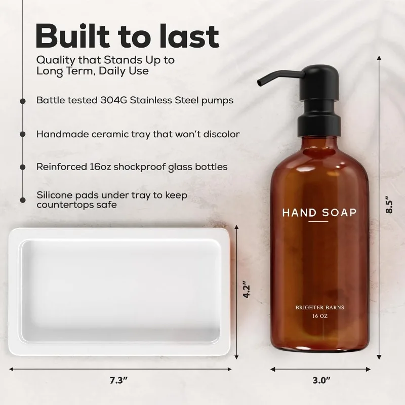 

Amber Glass Soap And Lotion Dispenser Set With Tray By Brighter Barns - Hand Soap Dispenser Bathroom Set & Stainless Steel Pump
