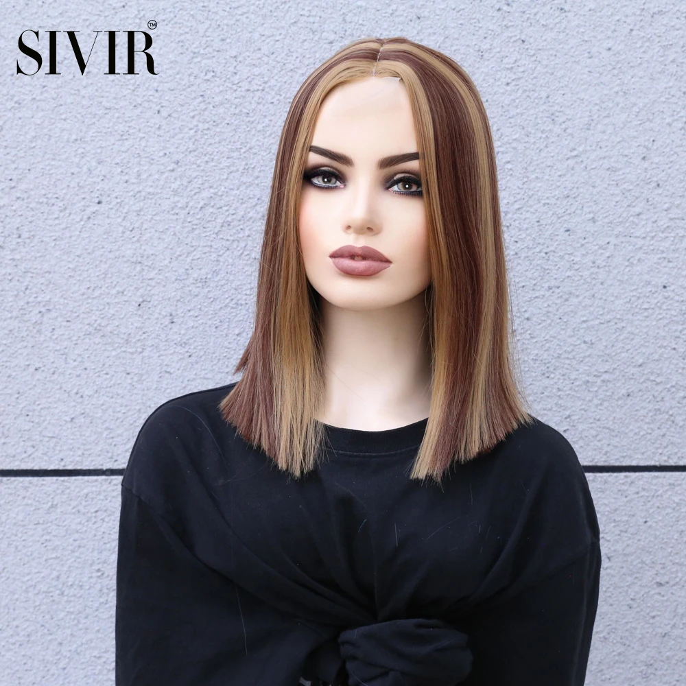 Sivir  Short  Straight Synthetic Lace Wigs For  Women  Middle Parting    Mix Color Hair  High Temperature Fiber  Daily/Party