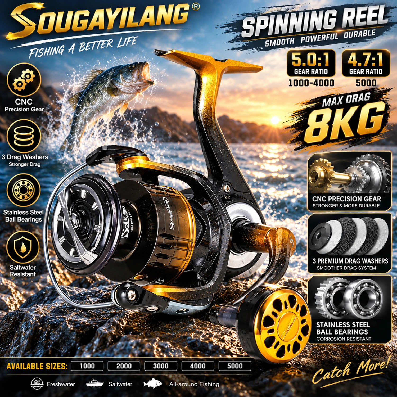Sougayilang Spinnrolle 5.0:1/4.7:1 Übersetzungsverhältnis Ultra-Glattes Angelrad Links 8KG Max. Bremskraft für Salzwasser-Karpfenangeln Pesca
