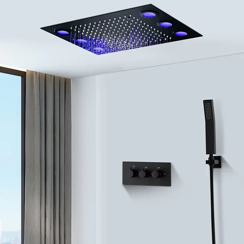 Newest Bathroom Ceiling Matt Black Shower Accessories Thermostatic Rain Led Black Shower Faucet Set