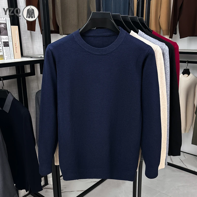 Mens Autumn Crew Neck Knitted Pullover Soft Smooth Knit Ribbed Trim Long Sleeve Light Leisure Clothing