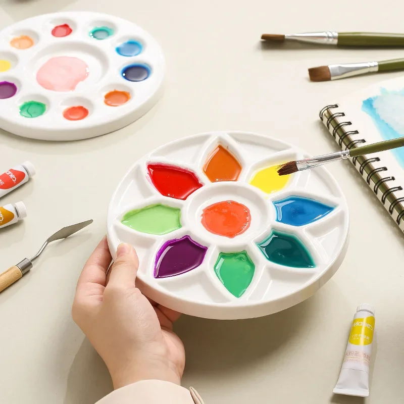 Flower Ceramic Palette Color Mixing Round Paint Palette Tray For Watercolor Gouache Acrylic Painting Art Supplies