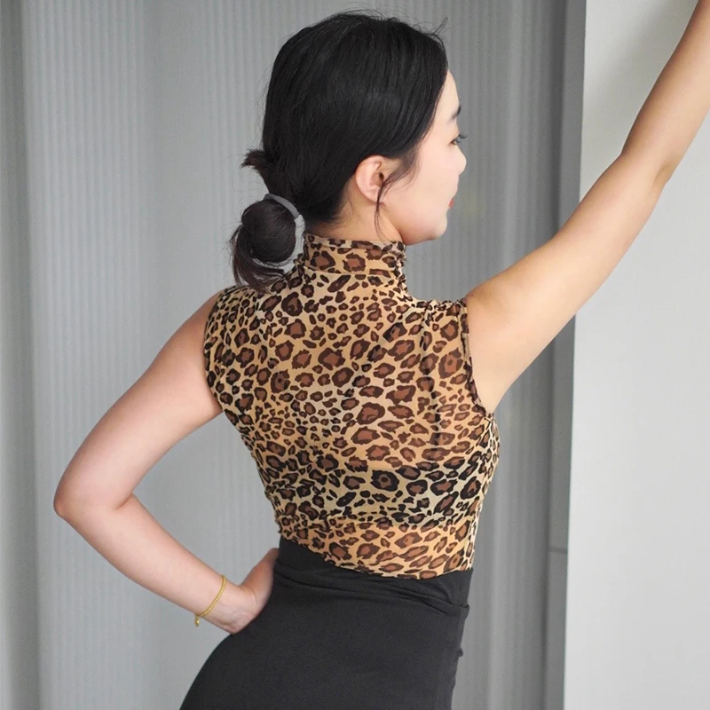 Mulheres sem mangas malha roupas de dança, tops adultos verão, roupa prática latina, bodysuit leopardo, rumba, salsa dancewear, DNV20388