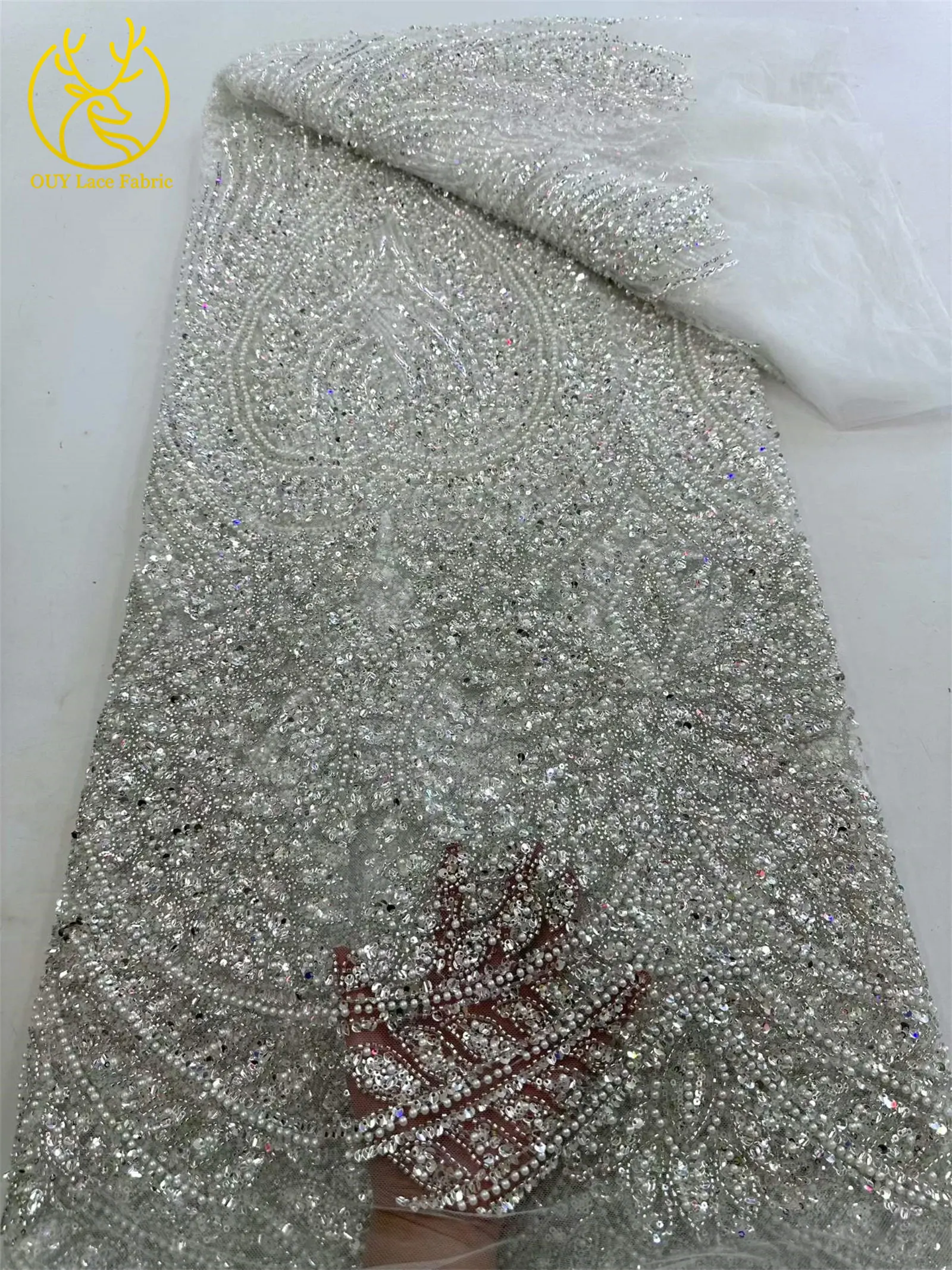 Afrikanischer Brautkleid-Spitzenstoff 2026, französische Pailletten-Spitze, 5 Yards, nigerianische Stickerei, Hochzeits-Mesh-Spitze für Partykleider und Näharbeiten – Detail 9