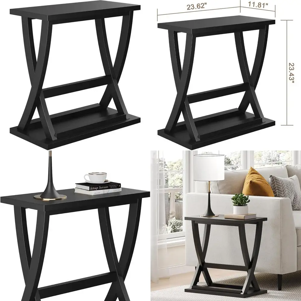 Mesa moderna com detalhes em X com prateleira, mesa lateral compacta de armazenamento para sala de estar, quarto e espaços pequenos