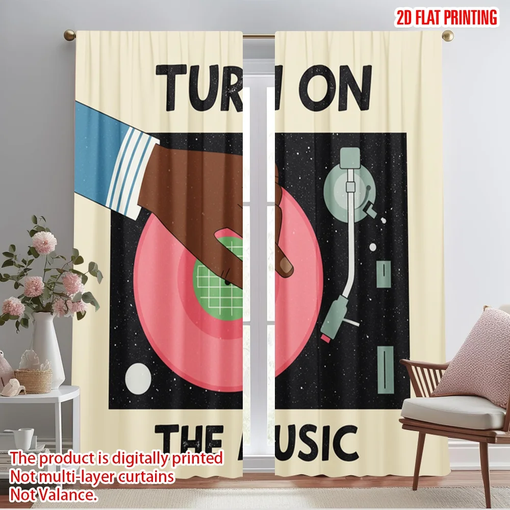 

2pcs 2D flat printing Drapes Vintage Vinyl Record Turn On Music 100% Polyester Fabric Without Electricity 0 Use for All