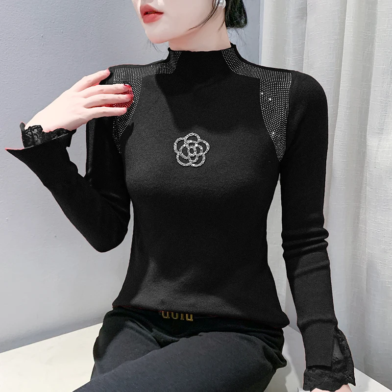 Korean Version Elegant Female Autumn Winter Woman Pullover Sweet T-shirt Turtleneck Flowers Diamond Set Lace Splicing