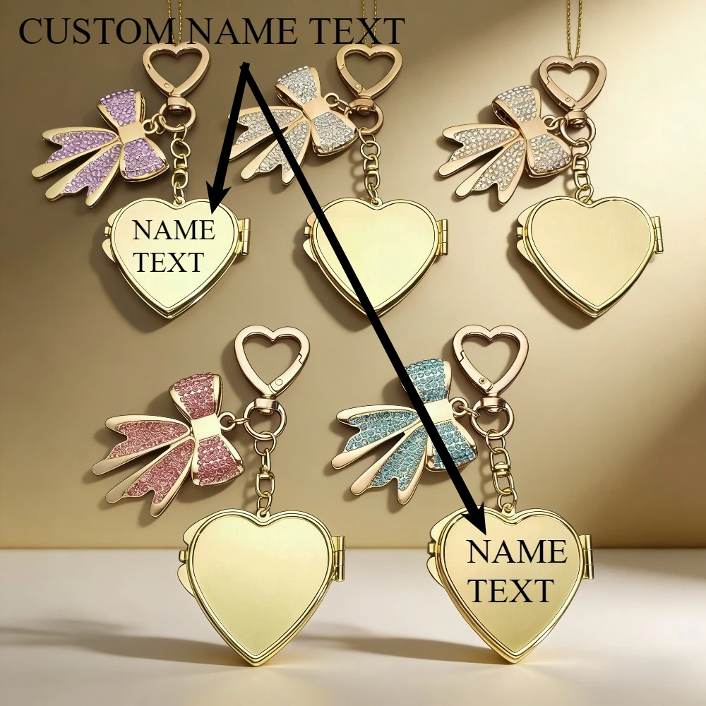 

Custom LOGO Name Love Core Heart Keychain Metal Folding Mirror Pendant Bag Keyring Accessory Fashion Decor Key Ring Woman Gift