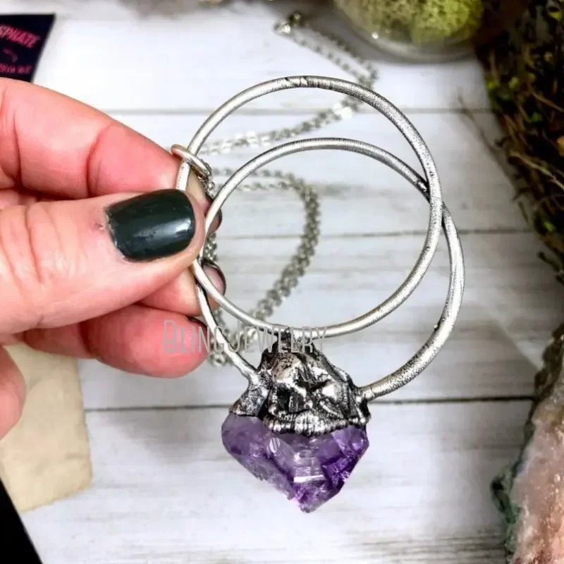 Amethyst Hoop Crystal Pendant Necklace Silver Plated Stainless Steel Chain Women Witch Wicca Arcane Grange Fairy Jewelry