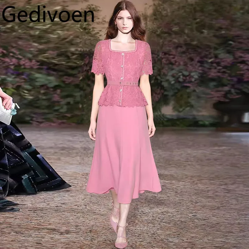 

Gedivoen Summer Fashion Runway Designer Dress Women's Vintage Flowers Embroidery Hollow Out Sashes Heavy Diamond Button Dresses