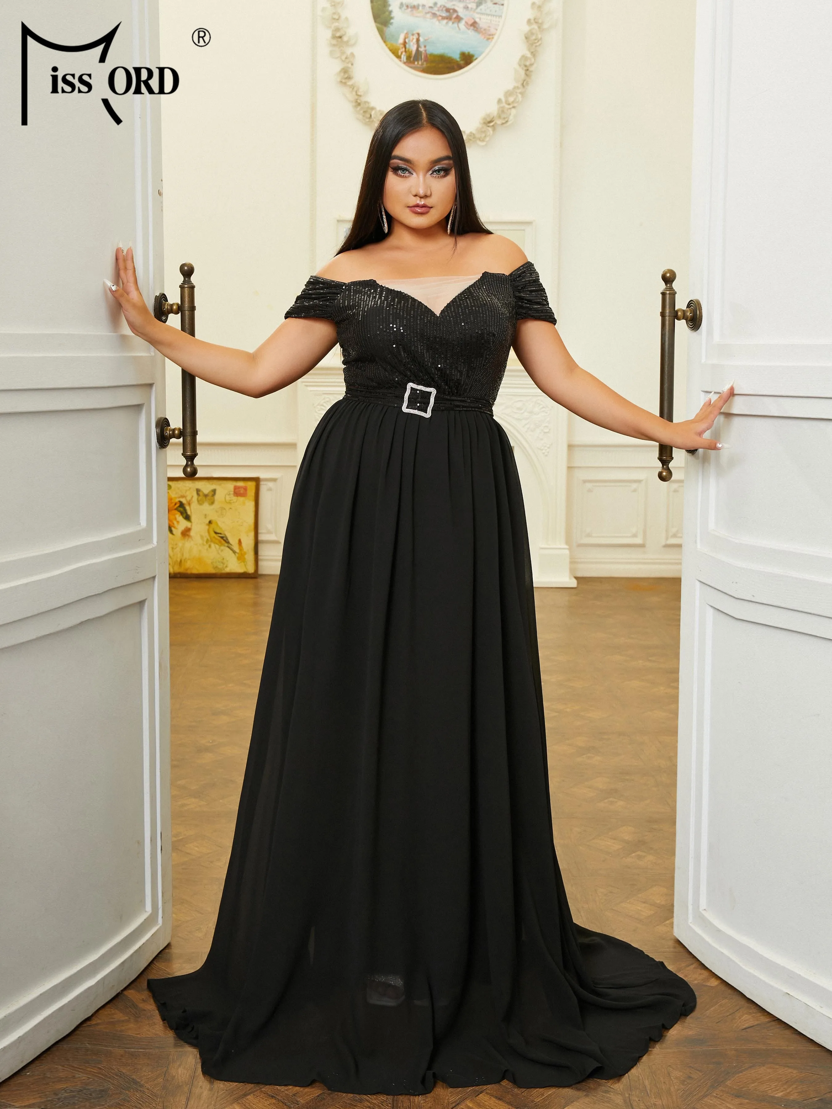 

Missord Elegant Black Sequin Plus Size Dress Women Off Shoulder V Neck Belted A-line Party Evening Dresses Long Prom Gown