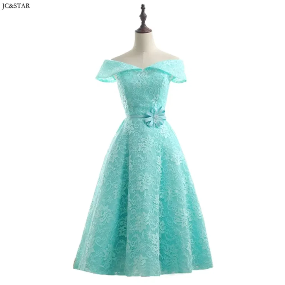 

Lace Cocktail Dresses Sexy V-neck Off Shoulder Prom Dress Butterfly A Line Butterfly Knot Crystal Wedding Party Robe Tea Length