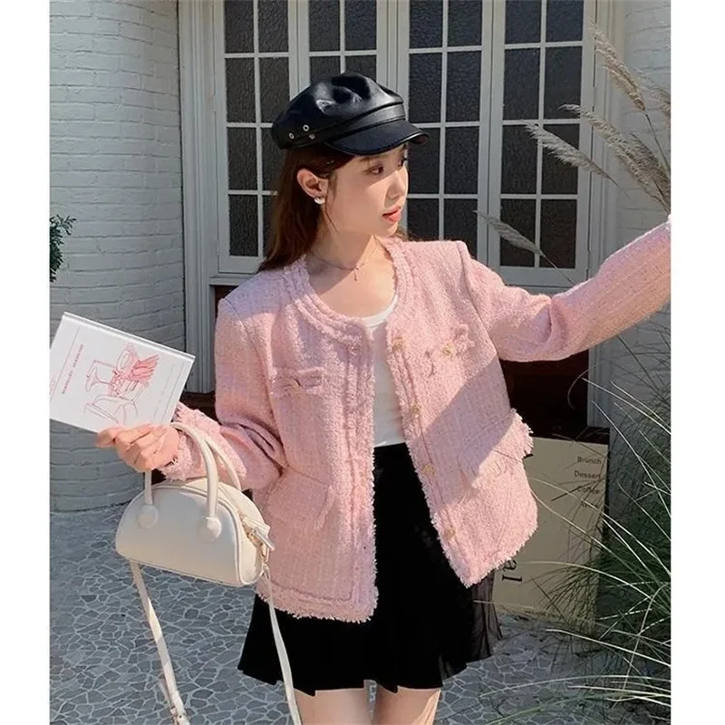 

Pink Small Fragrance Jacket Women 2025 Spring Autumn coat New Fashion O collar Single Breasted French Tweed top Female Outerwear