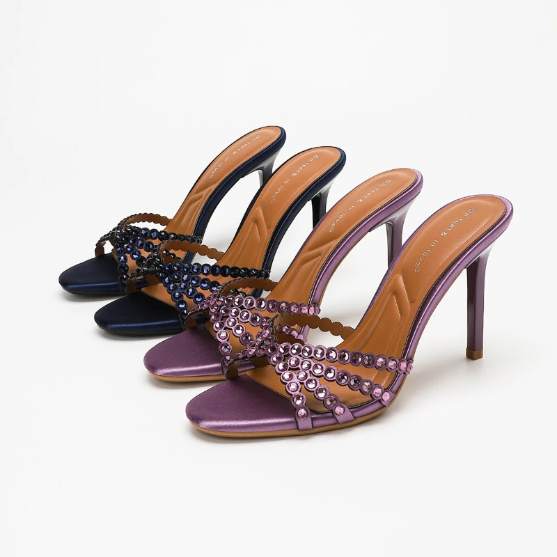 New 9.5cm Women's Colorful Rhinestone Cross Strap Heeled Sandals Open Toe Stiletto High Heels Elegant Party Wedding Guest Shoes