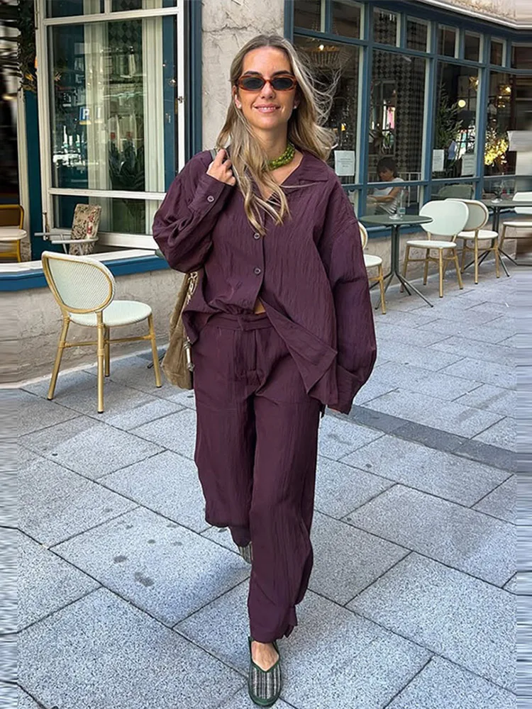 

Cotton Linen Shirts Two Piece Set For Women V-Neck Shirt Solid Color Pants Long Sleeve Straight Leg Trousers Casual Suit Outfits