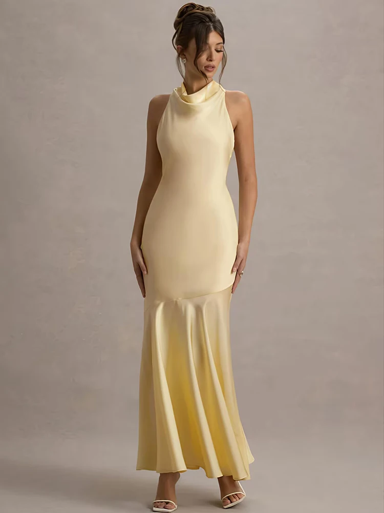 Mozision Satin Cowl Neck Sexy Maxi Dress Women Gown Fashion Elegant Sleeveless Backless Pleated Club Party Long Dress Female